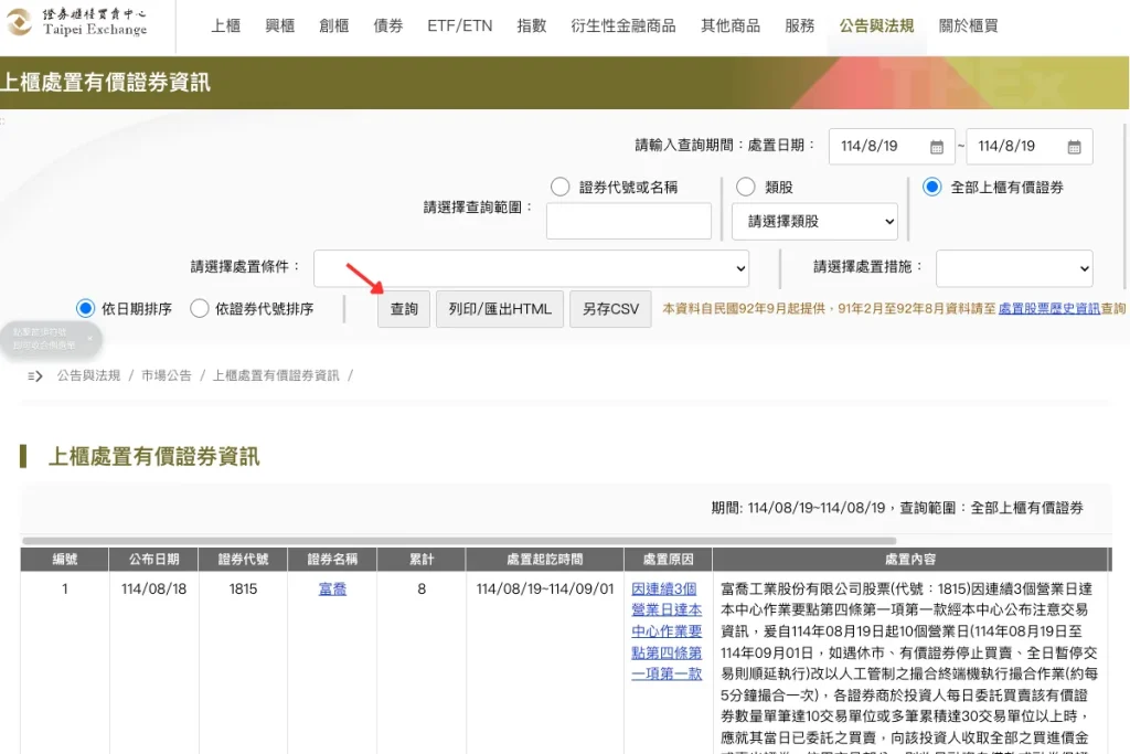 上櫃處置股查詢頁面